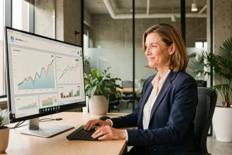 Consultante SEO analysant des tableaux de bord de croissance organique sur un écran dans un bureau moderne, illustrant l'accompagnement SEO comme levier stratégique