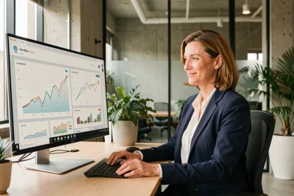 Consultante SEO analysant des tableaux de bord de croissance organique sur un écran dans un bureau moderne, illustrant l'accompagnement SEO comme levier stratégique
