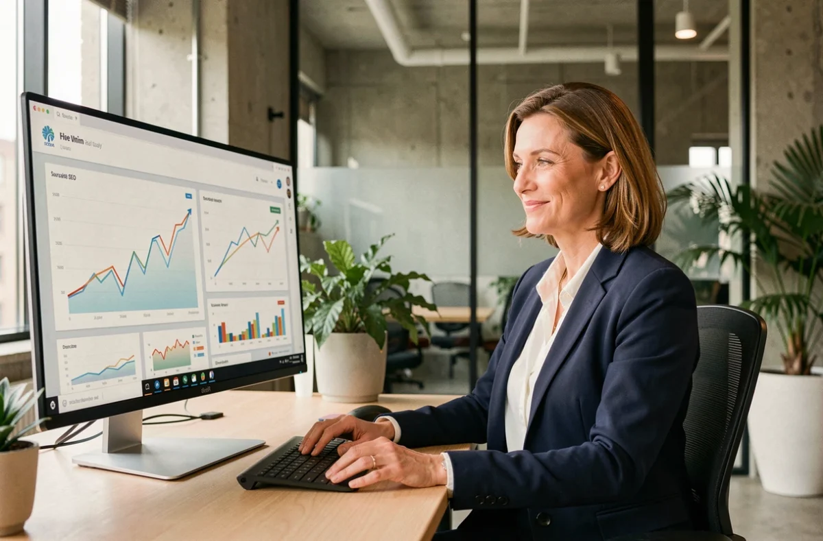 Consultante SEO analysant des tableaux de bord de croissance organique sur un écran dans un bureau moderne, illustrant l'accompagnement SEO comme levier stratégique