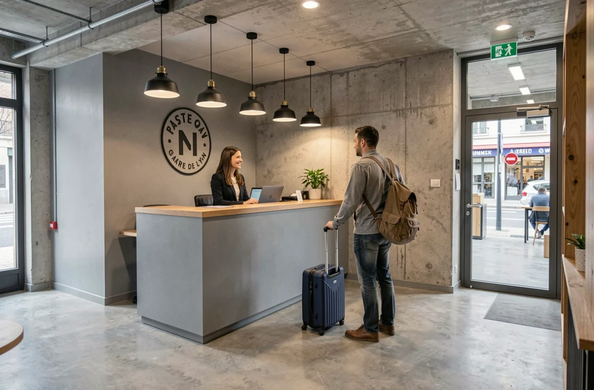 Accueil d'un espace de coworking moderne à proximité de la gare de Lyon avec un voyageur arrivant valise en main