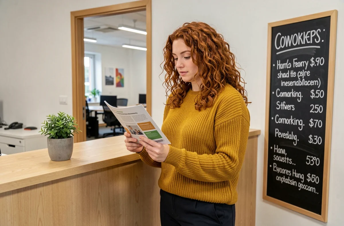 Jeune femme consultant une brochure à l'accueil d'un espace de coworking à Boulogne-sur-Mer