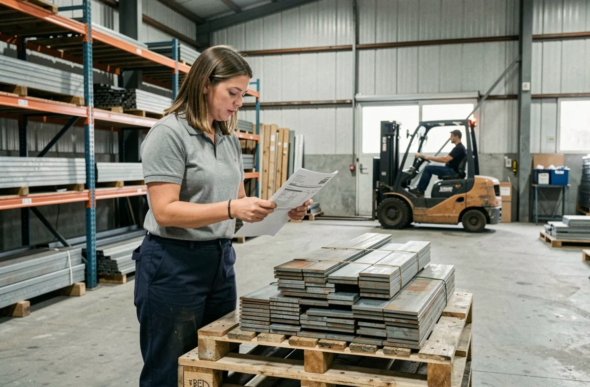 Gérante de PME comparant une facture d'achat de fer en petits volumes dans un entrepôt de distribution métallurgique