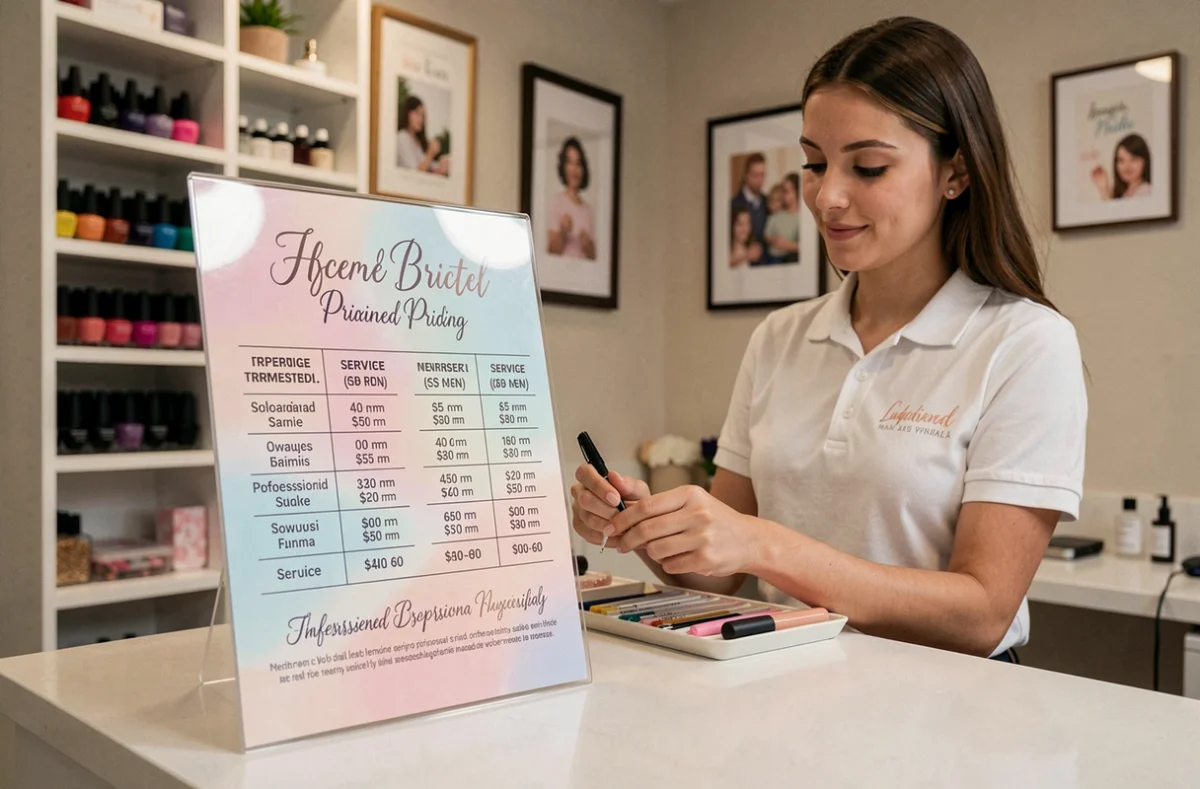 Affiche tarif plastifiée exposée à l'accueil d'un institut de beauté avec une technicienne en onglerie