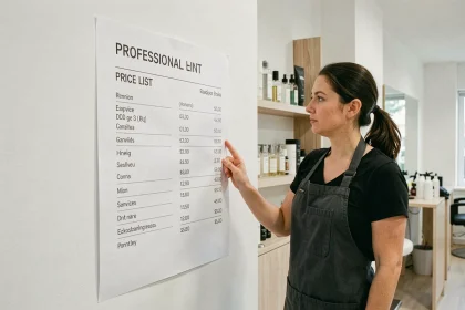 Affiche tarif professionnelle imprimée et affichée dans un salon de coiffure moderne avec une coiffeuse qui la consulte