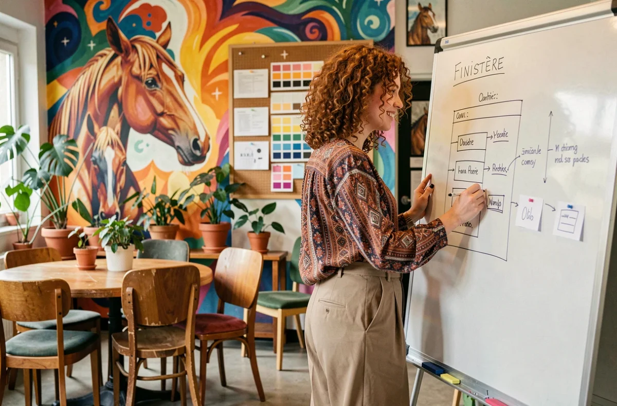 Créatrice de l'agence Appaloosa esquissant une maquette de site web dans un studio coloré et artistique du Finistère