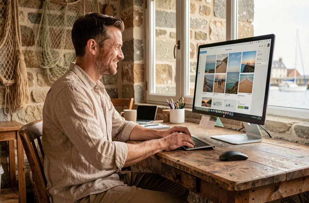 Designer de l'agence Demi Sel travaillant sur des visuels de marque inspirés de la côte bretonne dans un espace de travail au charme maritime