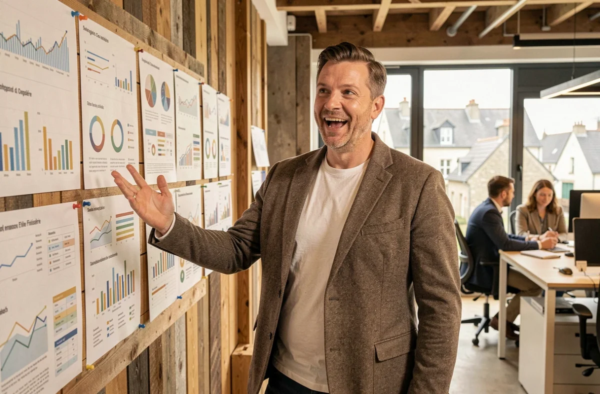 Directeur marketing de DIGIDAV présentant des tableaux de bord de performance de campagnes digitales dans une agence moderne du Finistère