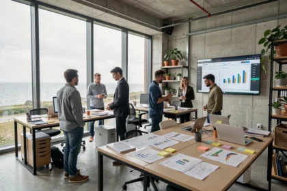 Vue panoramique d'une agence de marketing digital moderne dans le Finistère, avec des professionnels travaillant sur des campagnes numériques