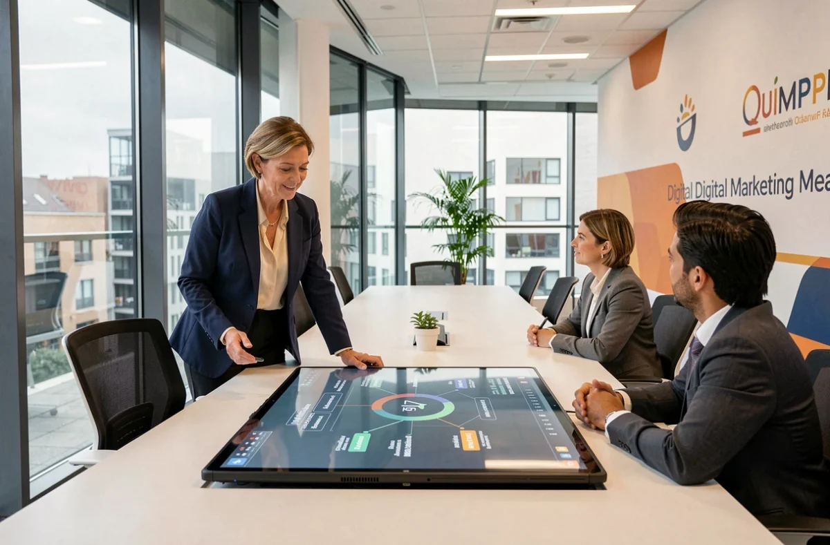 Consultante de Net Stratégie présentant une stratégie marketing multicanal à des collègues dans une salle de conférence moderne à Quimper