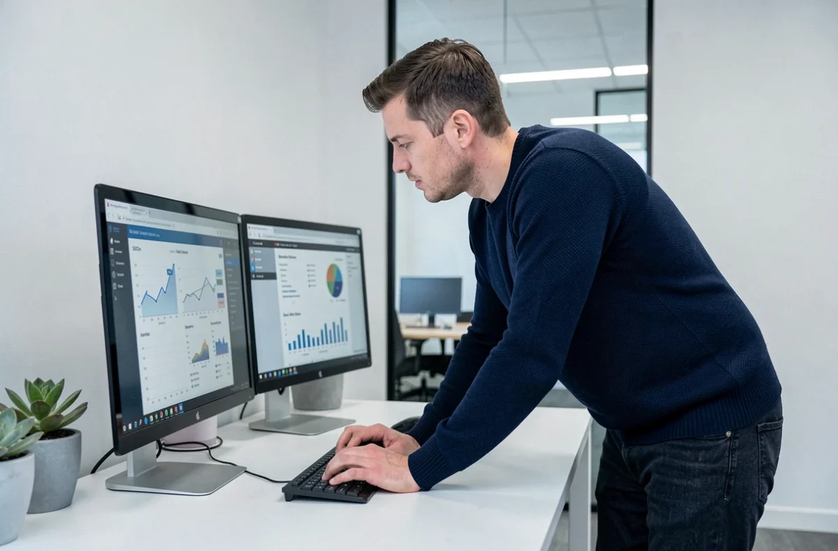 Stratège digital de l'agence NEWP analysant des rapports SEO sur double écran dans un bureau épuré à Brest