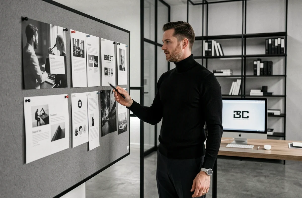 Directeur créatif de l'agence Oscar Black à Brest examinant des maquettes de branding dans un studio épuré noir et blanc