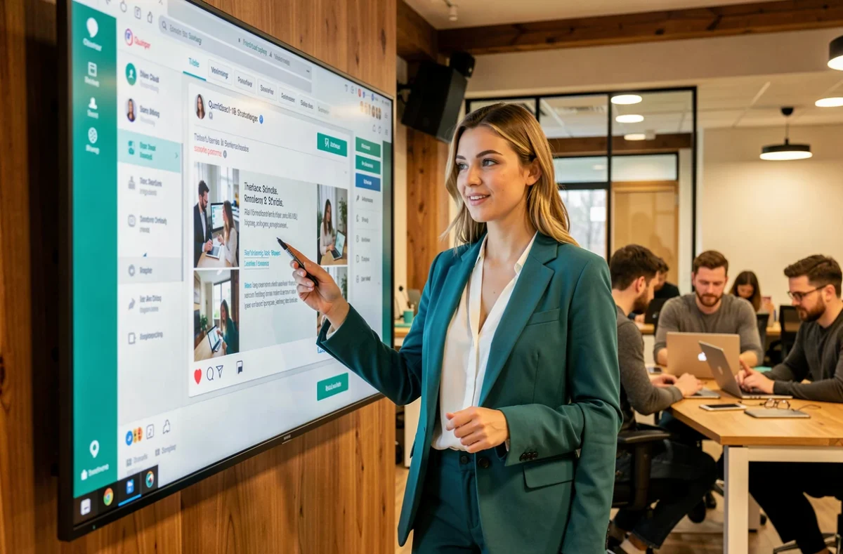 Consultante de l'agence Tikio présentant une stratégie de contenu réseaux sociaux dans un bureau moderne à Quimper