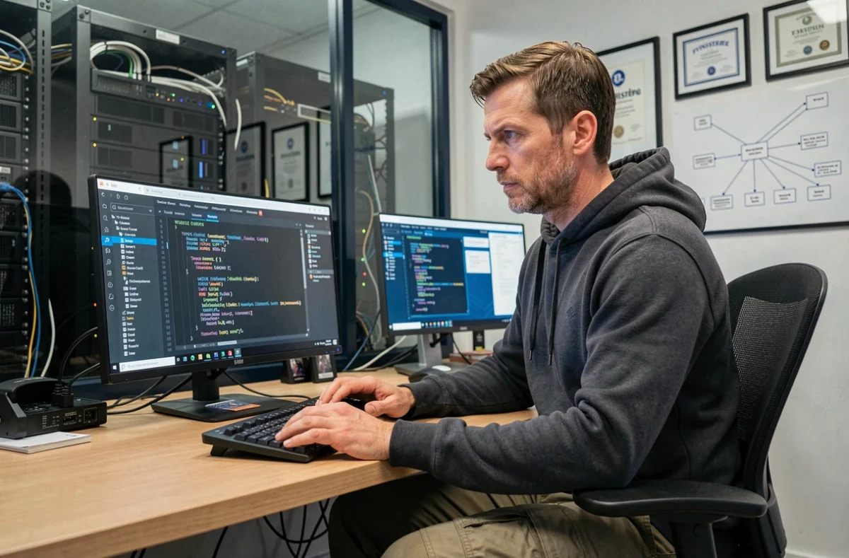 Développeur web de l'agence Web Armor codant un site sécurisé dans un environnement technique en Finistère