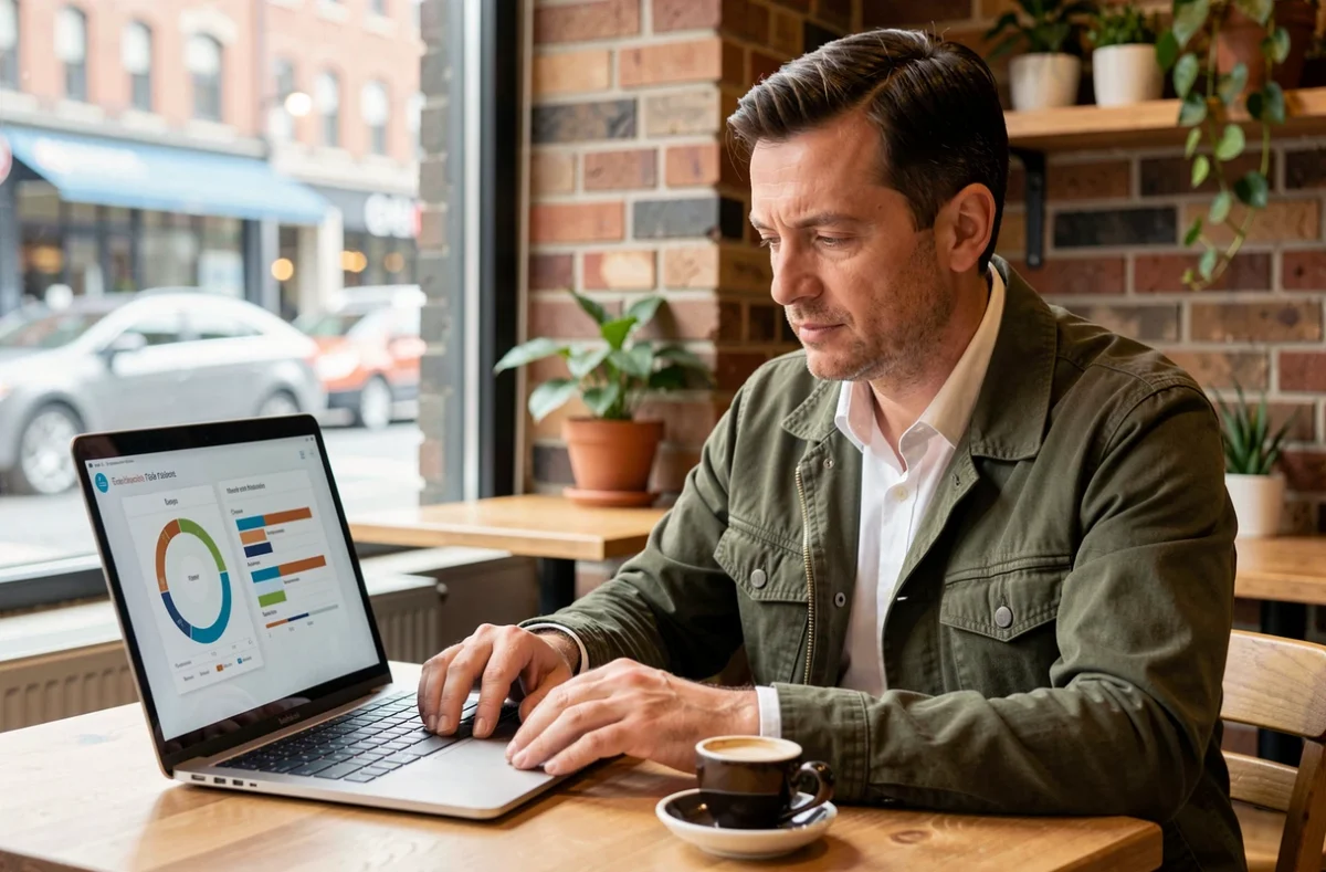 Agent commercial indépendant comparant les statuts juridiques sur ordinateur dans un café urbain