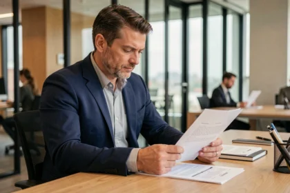 Agent commercial en portage salarial examinant des documents de contrat dans un bureau moderne
