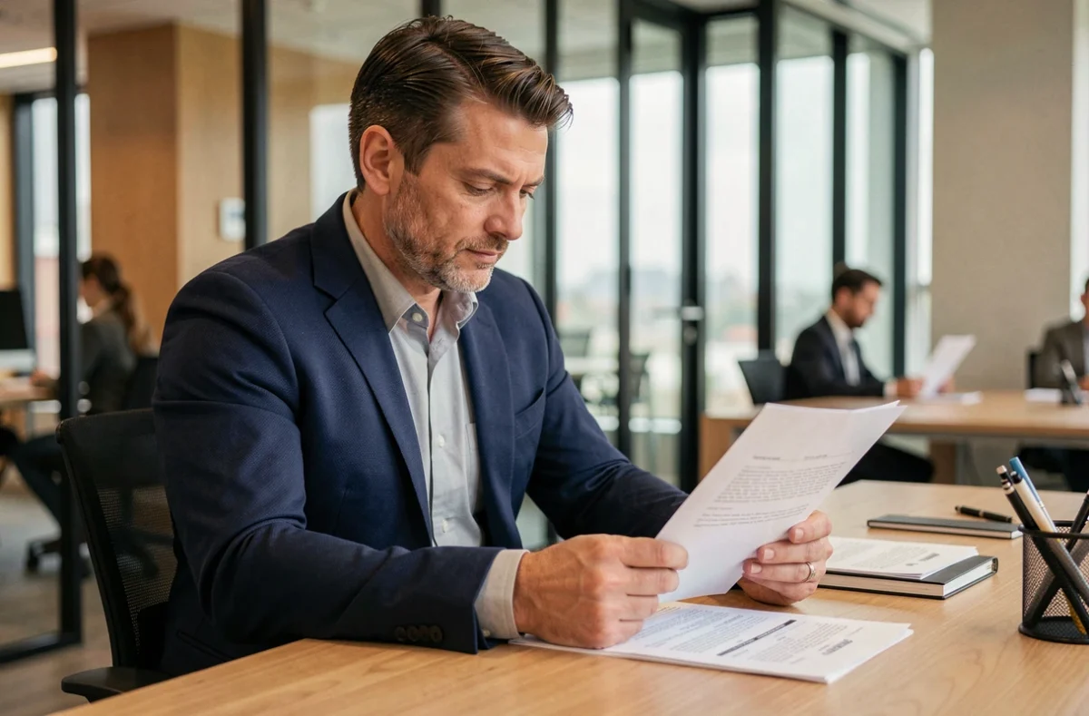 Agent commercial en portage salarial examinant des documents de contrat dans un bureau moderne