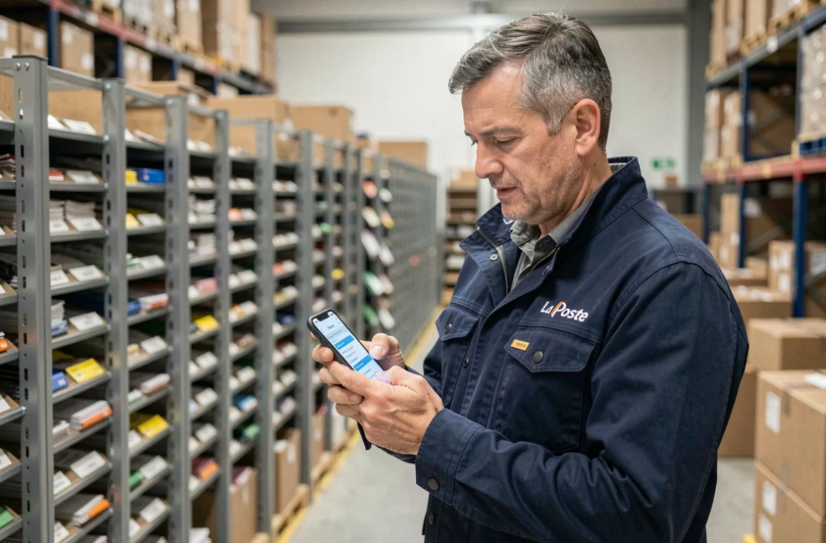 Agent de La Poste consultant son historique de planning sur smartphone dans un centre de tri postal