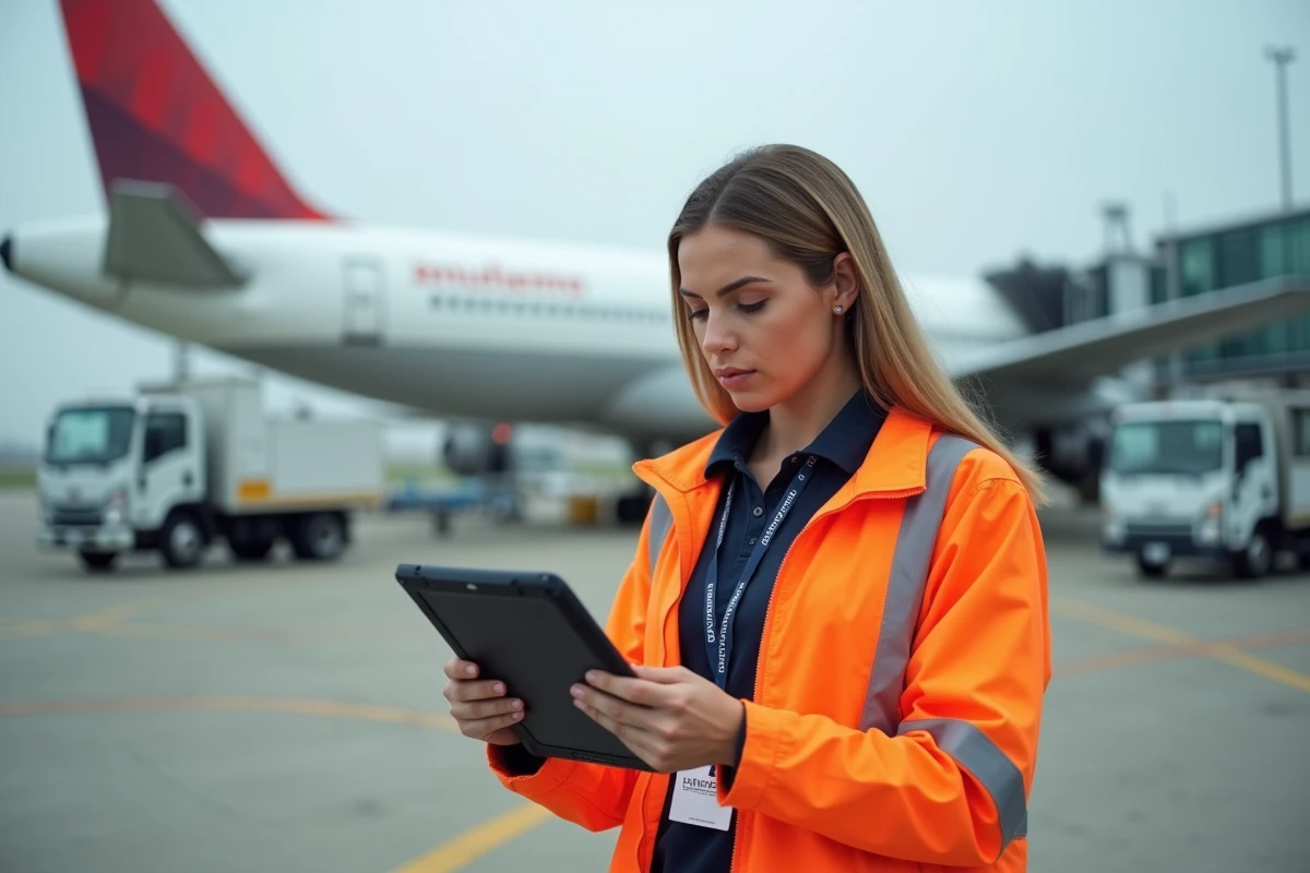 Agente de piste aéroportuaire consulte GPNet AF sur une tablette rugueuse sur le tarmac à proximité d'un avion