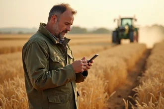 Agriculteur consultant l'application Axereal sur smartphone au bord d'un champ de blé pendant la moisson