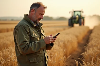 Agriculteur consultant l'application Axereal sur smartphone au bord d'un champ de blé pendant la moisson