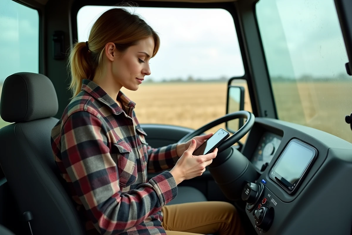 Agricultrice utilisant une application de gestion agricole sur smartphone dans la cabine d'une moissonneuse-batteuse