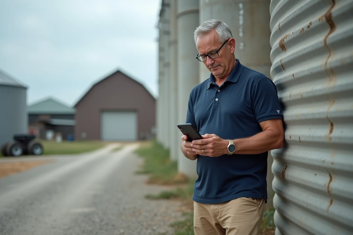 Agronome consultant des données de rendement sur smartphone devant un silo de stockage de céréales dans une coopérative agricole