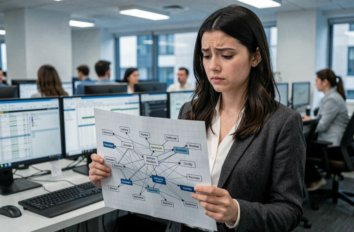 Analyste financière tenant un organigramme complexe de sociétés interconnectées dans un bureau d'investigation, symbolisant l'enquête sur les groupes de sociétés écrans comme Tokazavialuz