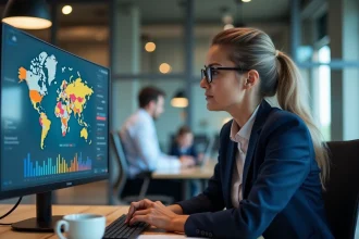 Analyste économique territoriale consultant des indicateurs économiques sur un tableau de bord numérique en entreprise