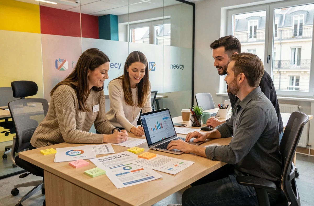 Équipe de l'agence Arkée collaborant sur une stratégie SEO dans leurs locaux modernes