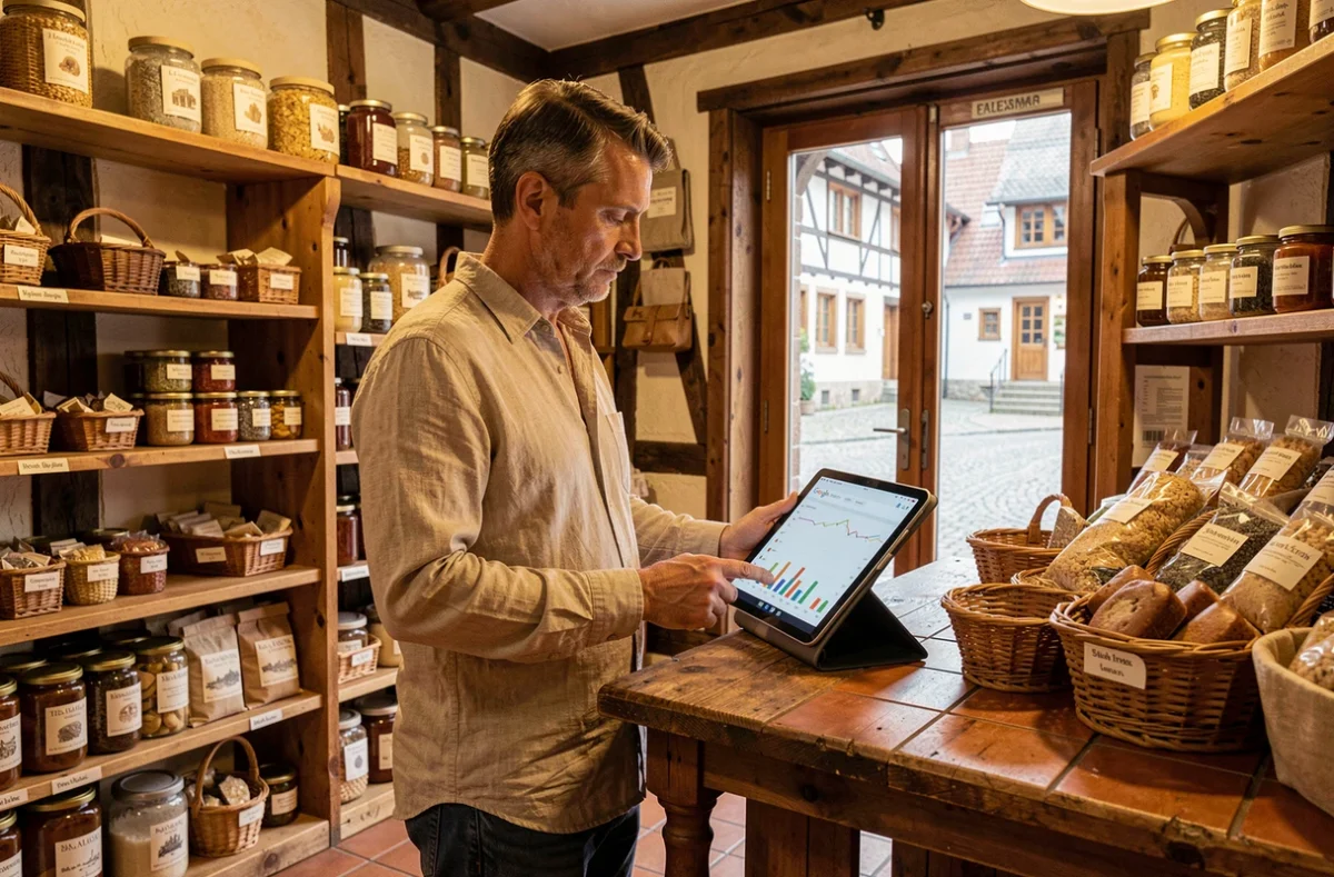 Artisan alsacien consultant un rapport SEO sur tablette dans sa boutique traditionnelle en Alsace