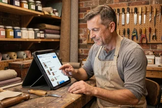 Artisan masculin d'une cinquantaine d'années consultant la plateforme espace-artisan.fr sur une tablette dans son atelier en brique avec des outils traditionnels autour de lui