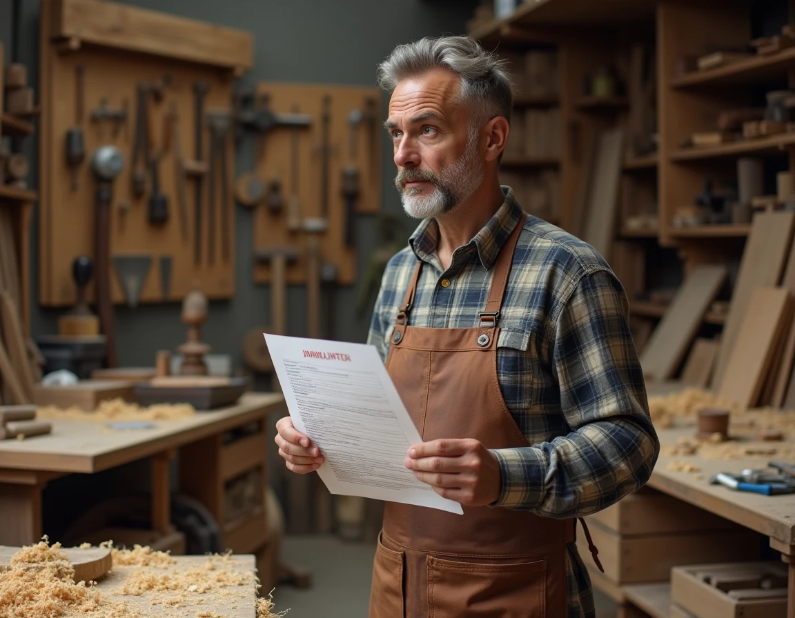 Artisan menuisier dans son atelier tenant un formulaire de dépôt de marque INPI avec une expression interrogative