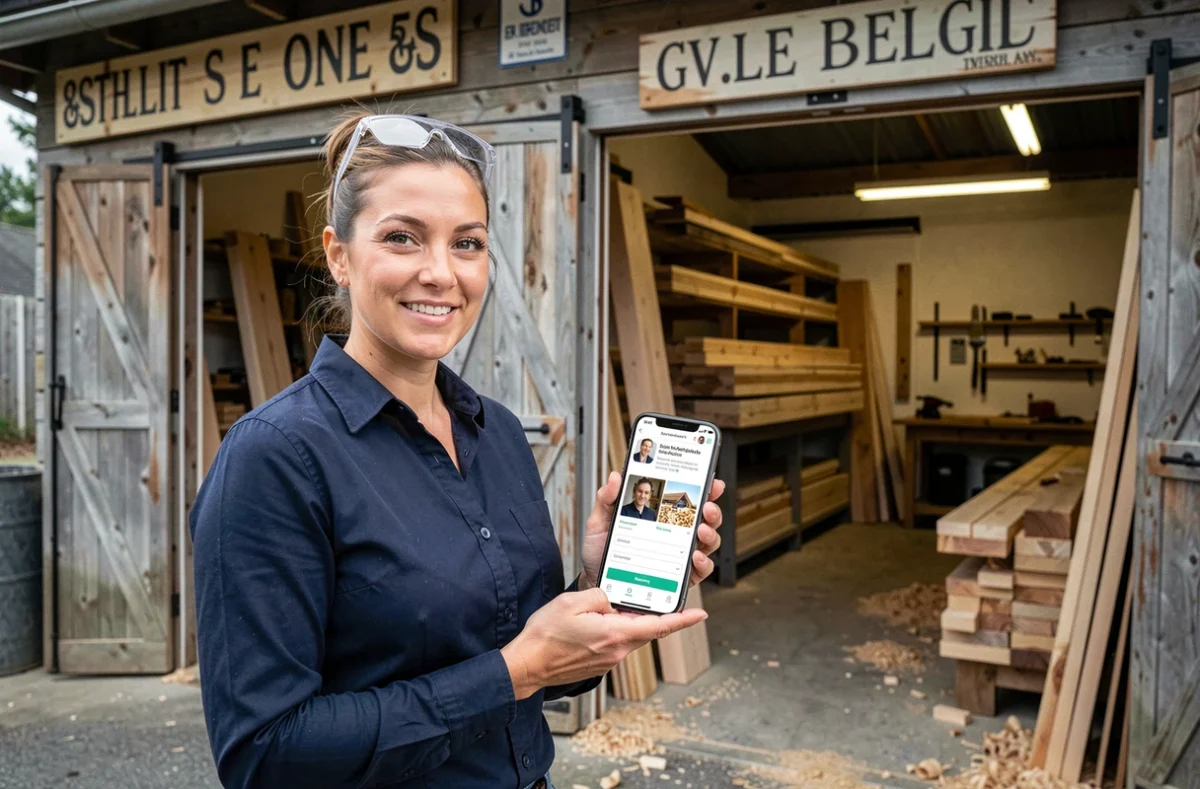Artisane menuisière tenant un smartphone avec la plateforme espace-artisan.fr devant son atelier de bois avec des planches empilées en arrière-plan