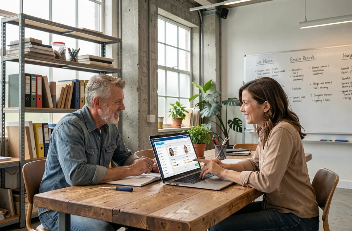 Deux artisans collaborant autour d'un ordinateur portable affichant le tableau de bord de gestion de la plateforme espace-artisan.fr dans un espace de coworking dédié aux métiers manuels