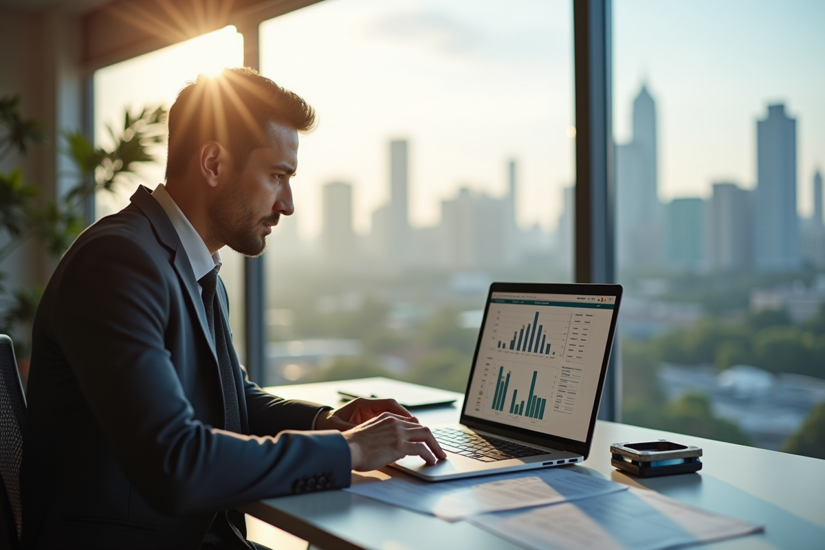 Auditeur examinant des documents financiers dans un bureau lumineux