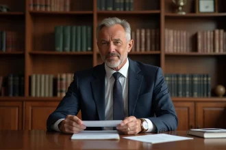 Avocat homme en costume navy dans un bureau moderne