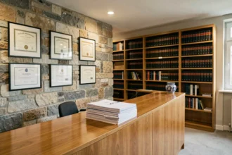Bureau d'avocat moderne en Bretagne avec diplômes encadrés, fichiers juridiques et décoration bretonne, illustrant le top 10 des avocats en droit du travail en Bretagne