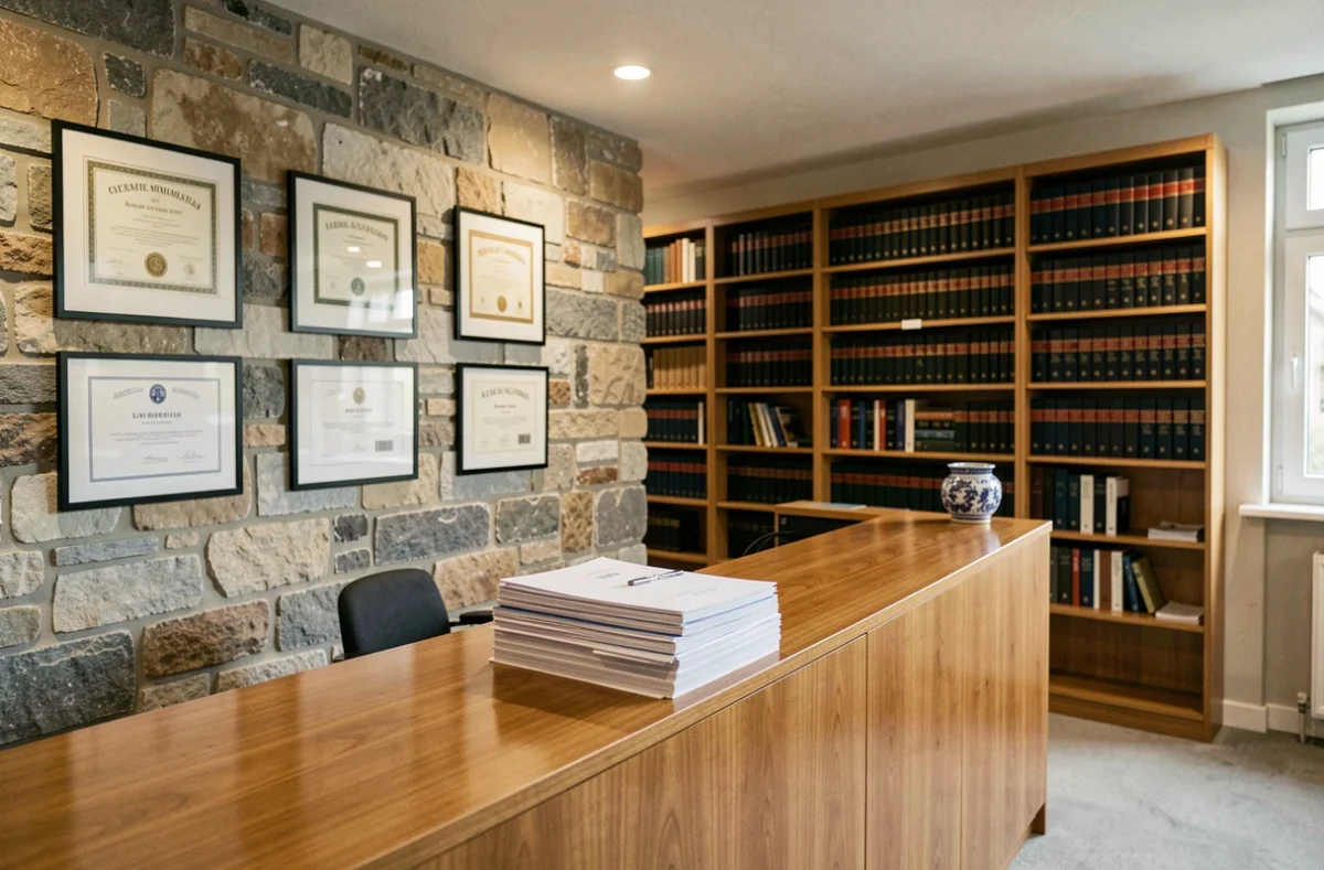 Bureau d'avocat moderne en Bretagne avec diplômes encadrés, fichiers juridiques et décoration bretonne, illustrant le top 10 des avocats en droit du travail en Bretagne