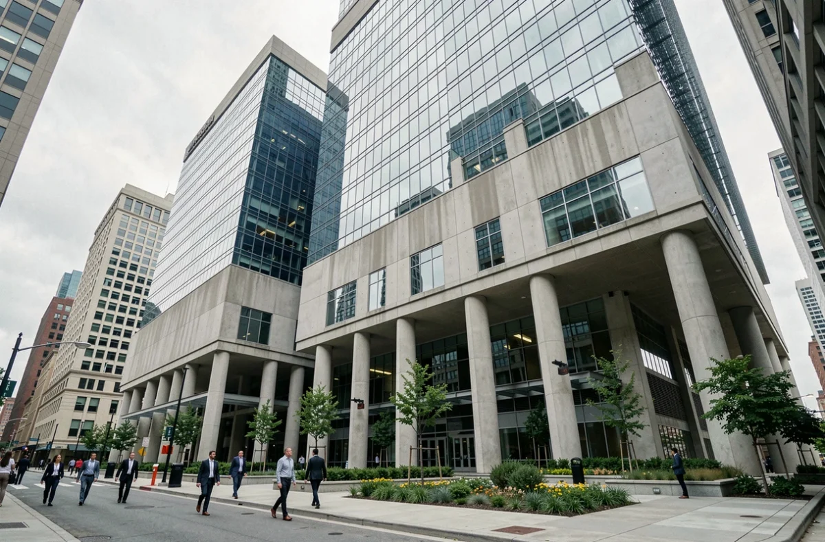 Bâtiment moderne à grande échelle réalisé par une entreprise de construction de référence dans un quartier urbain animé