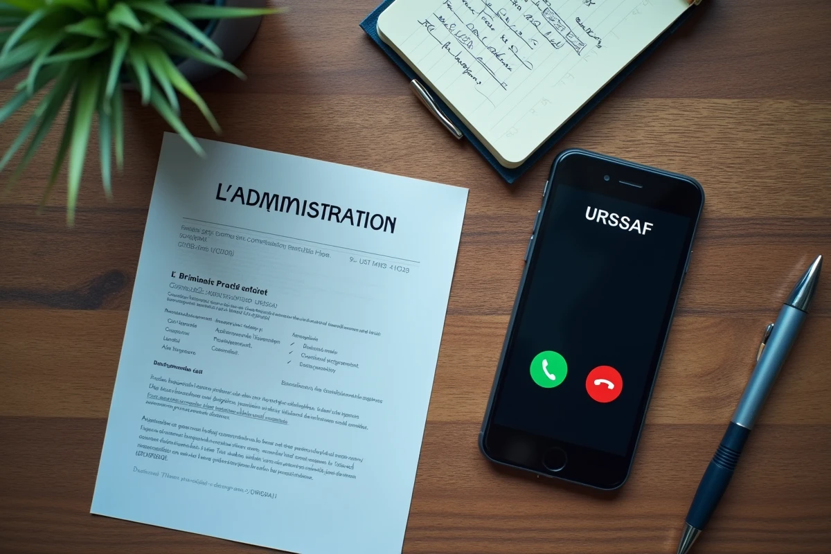 Vue de dessus d'un bureau avec smartphone affichant un appel suspect et document URSSAF