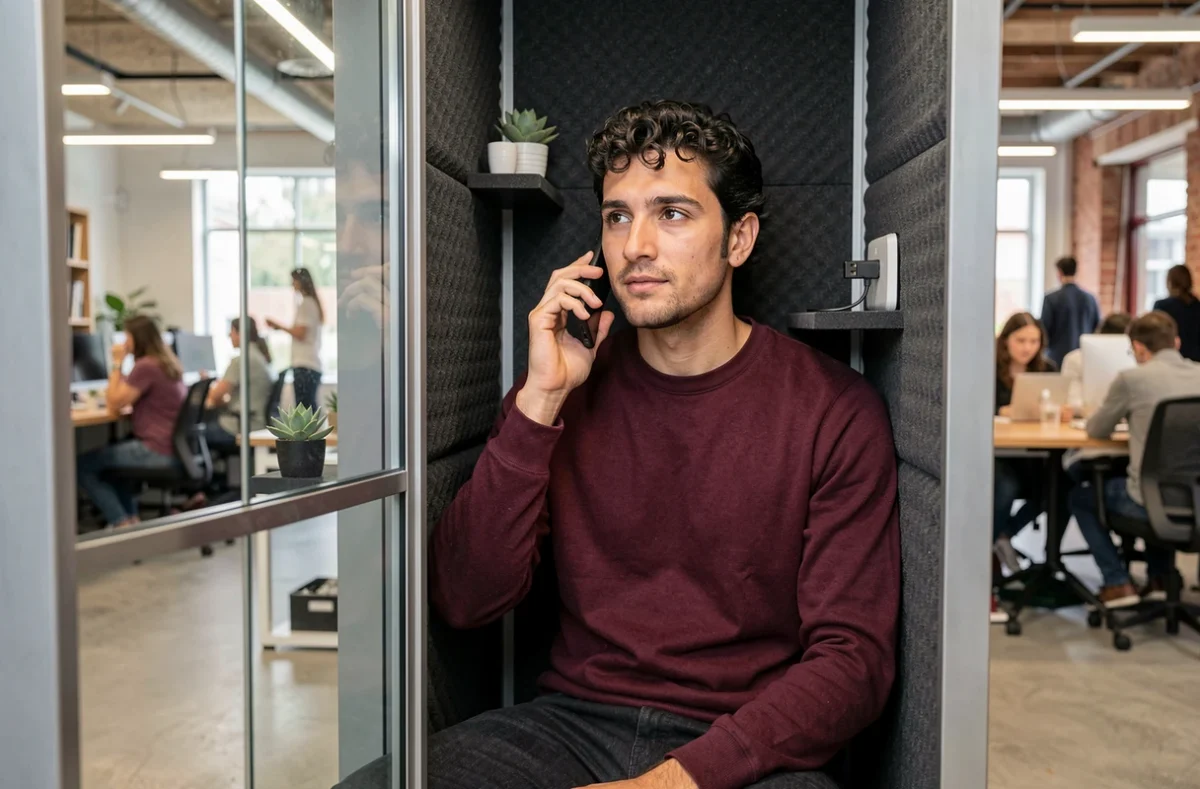 Jeune professionnel en cabine téléphonique acoustique dans un espace de coworking à Beaune pour appels confidentiels