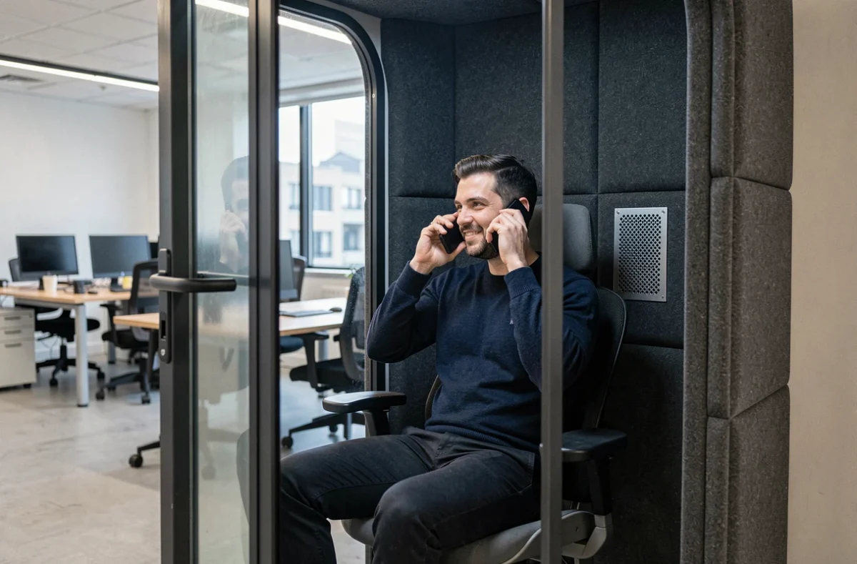Homme utilisant une cabine téléphonique isolée dans un coworking économique à Orange