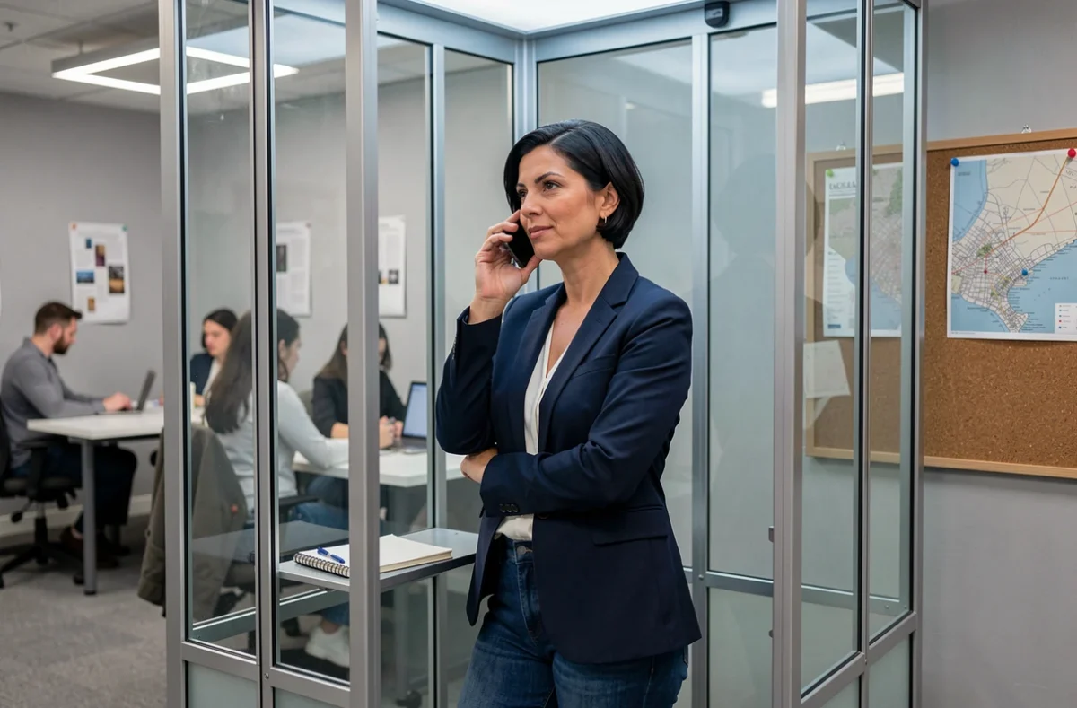 Femme en cabine téléphonique privée dans un espace de coworking à Boulogne-sur-Mer