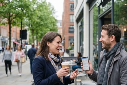 Couple souriant devant un café moderne pour l'article {titre}