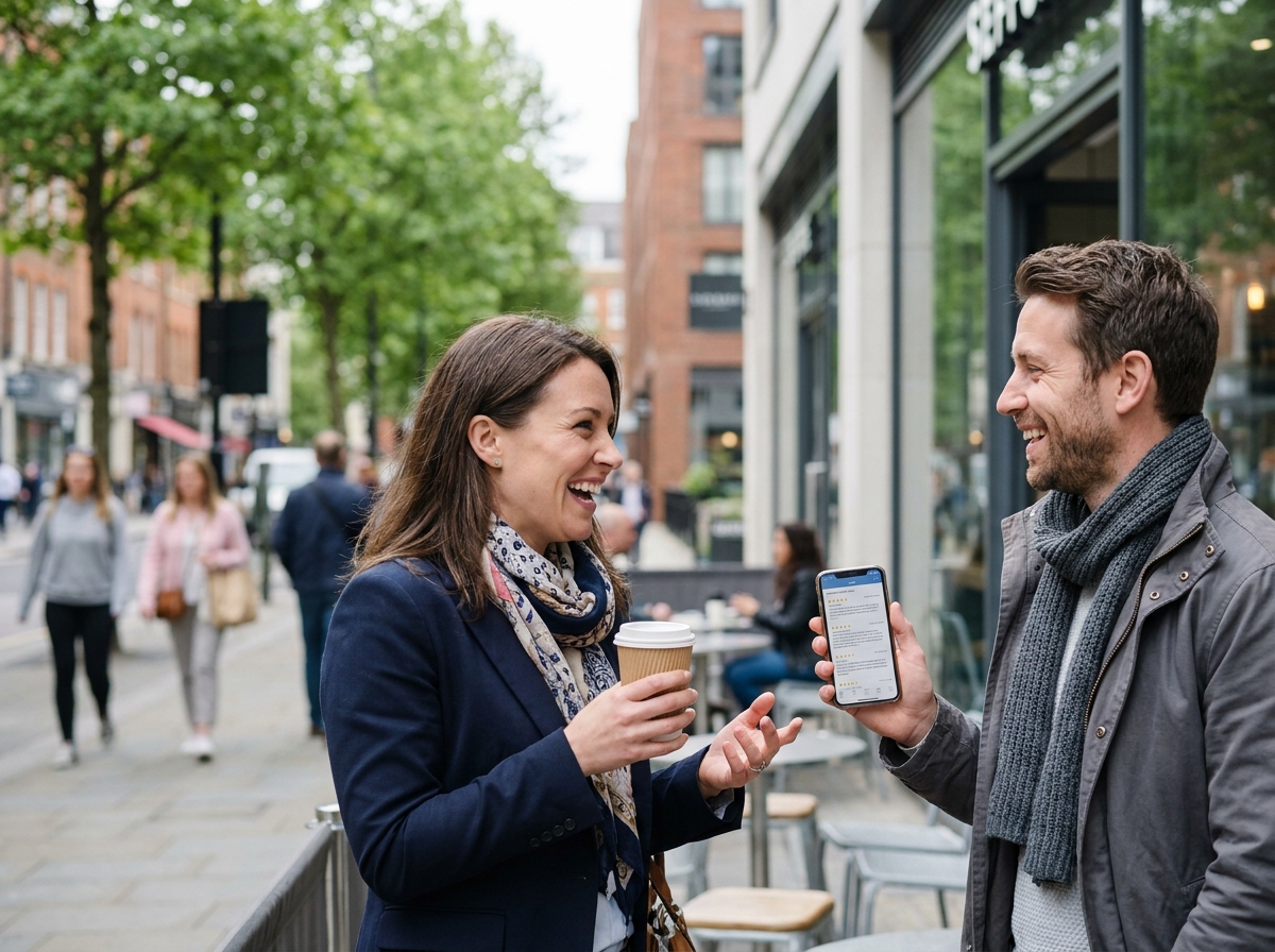 Couple souriant devant un café moderne pour l'article {titre}