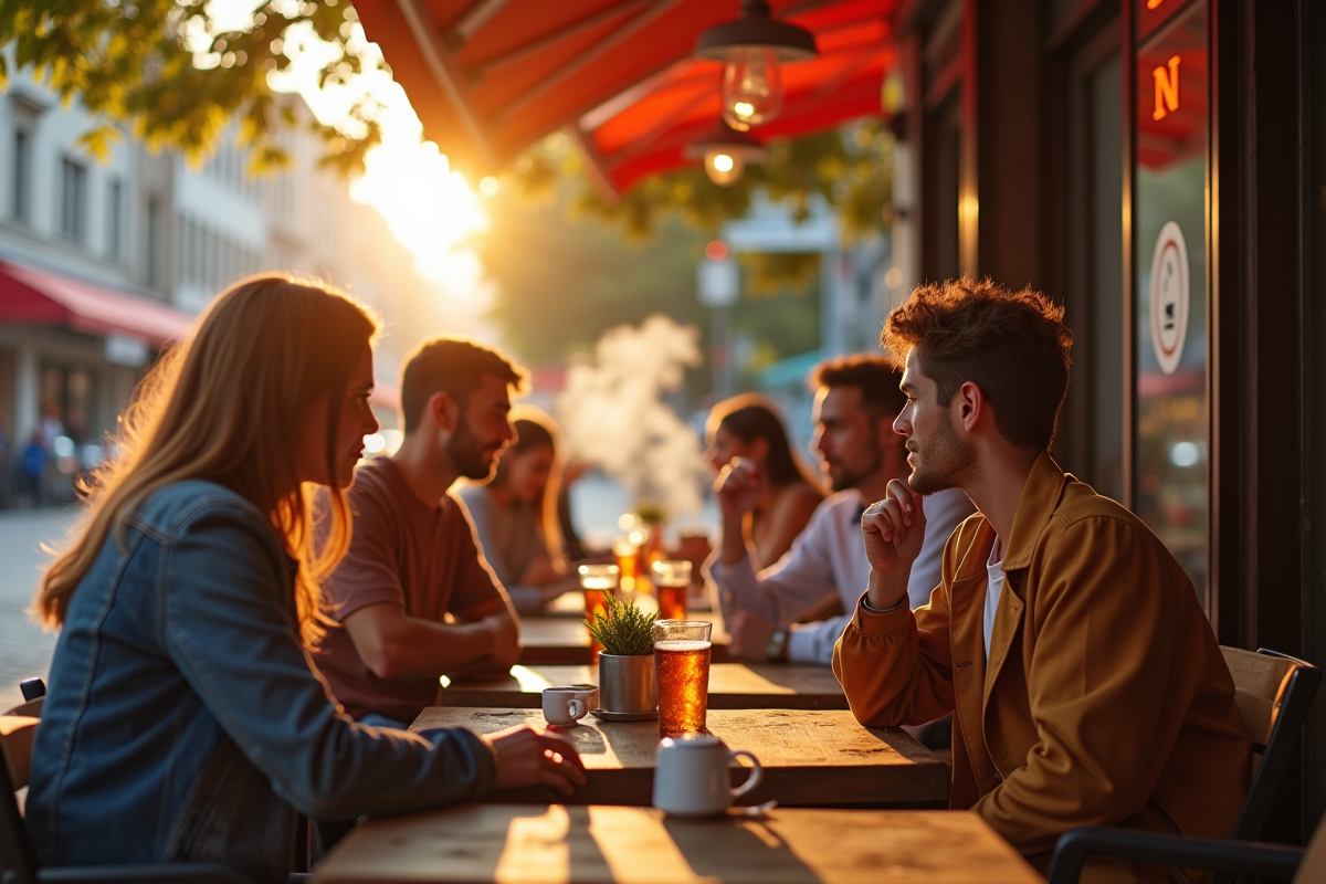 Groupe d amis au café en plein air avec personne fumant