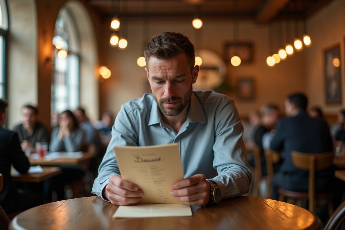 Client consultant la carte du menu dans la salle du restaurant Il Est La Lyon 8