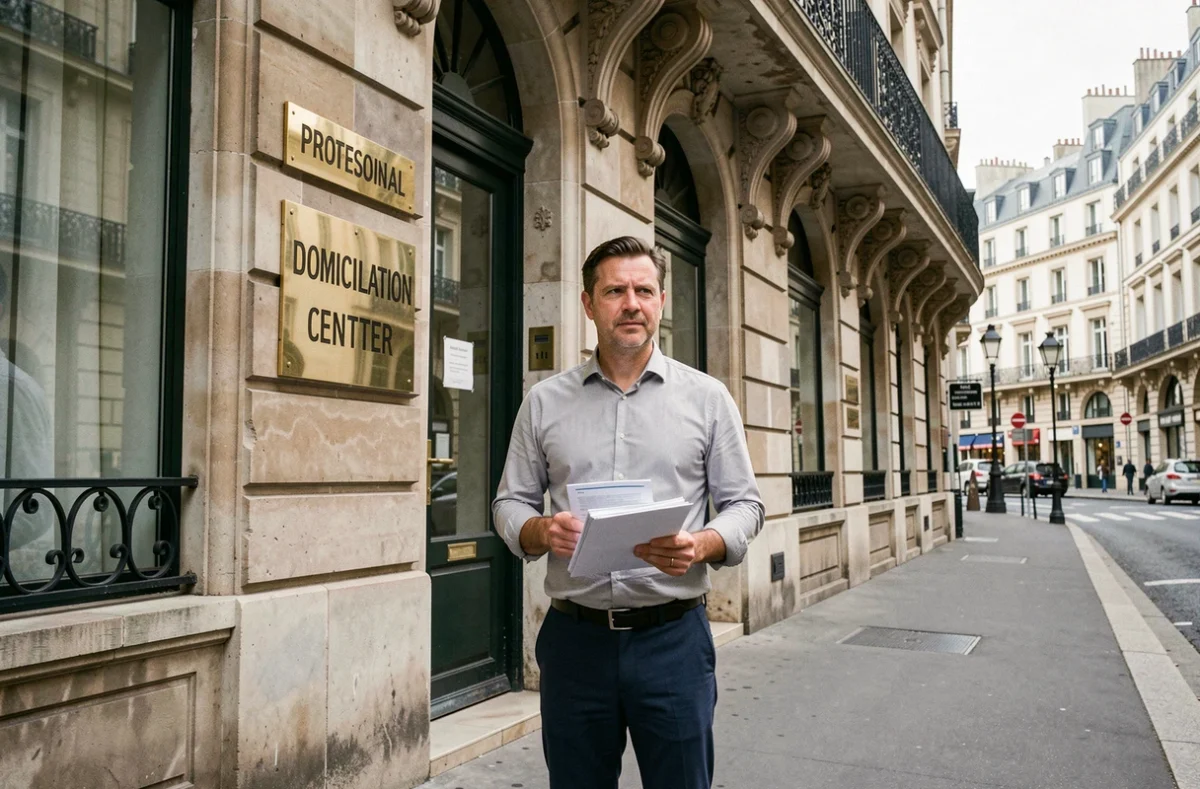 Entrepreneur devant un centre de domiciliation d'entreprise dans une rue du centre-ville de Nantes