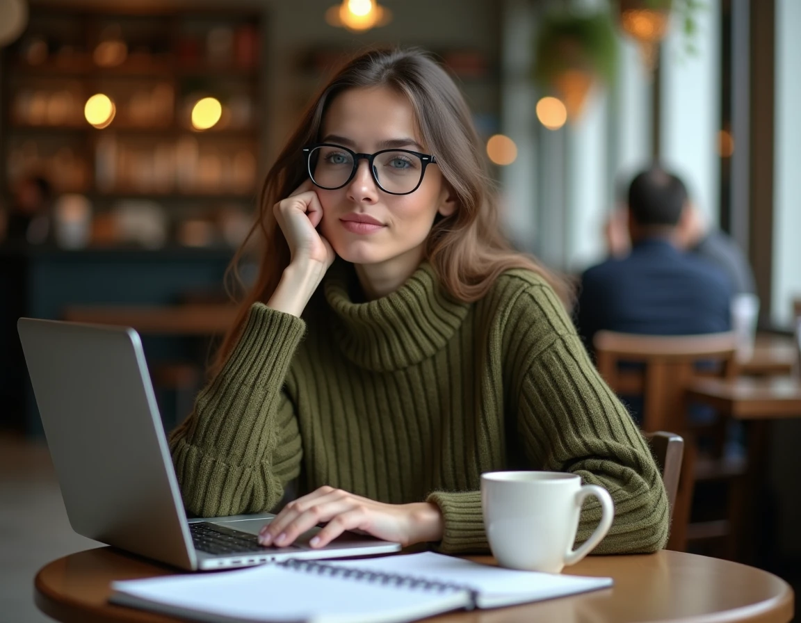 Céramiste auto-entrepreneuse consultant le site de l'INPI sur son ordinateur portable dans un café urbain