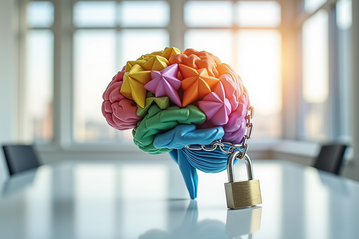 Cerveau en origami coloré sécurisé par un cadenas en métal